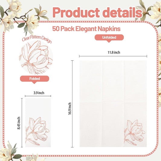50 Pack Rose Gold Napkins - Magnolia Disposable Napkins - Cloth-Like Feel Dinner Paper - Heavy Duty Floral Hand Towels for Bathroom Wedding Holiday Party Bridal Decorative Towels