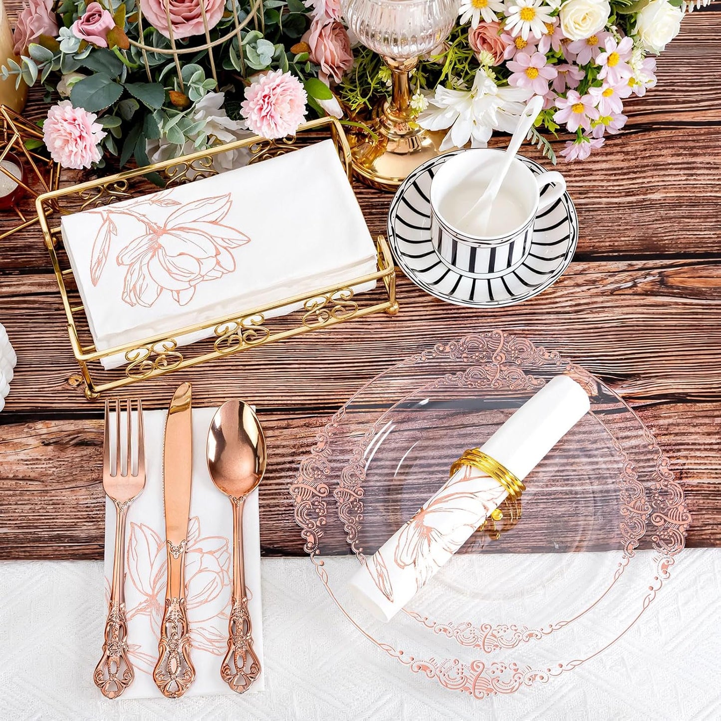 50 Pack Rose Gold Napkins - Magnolia Disposable Napkins - Cloth-Like Feel Dinner Paper - Heavy Duty Floral Hand Towels for Bathroom Wedding Holiday Party Bridal Decorative Towels