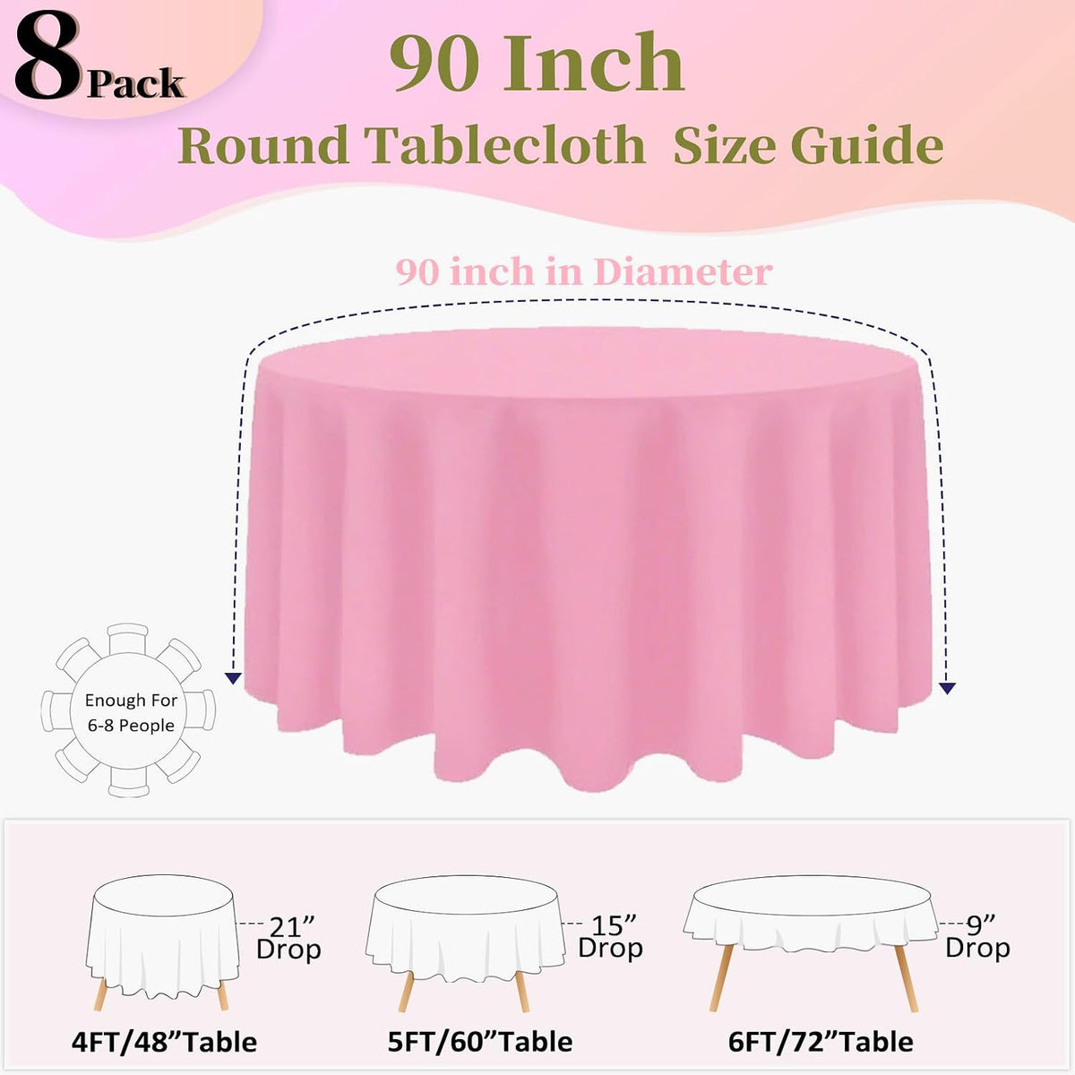 8 Pack Pink Round Tablecloth, 90 Inch
