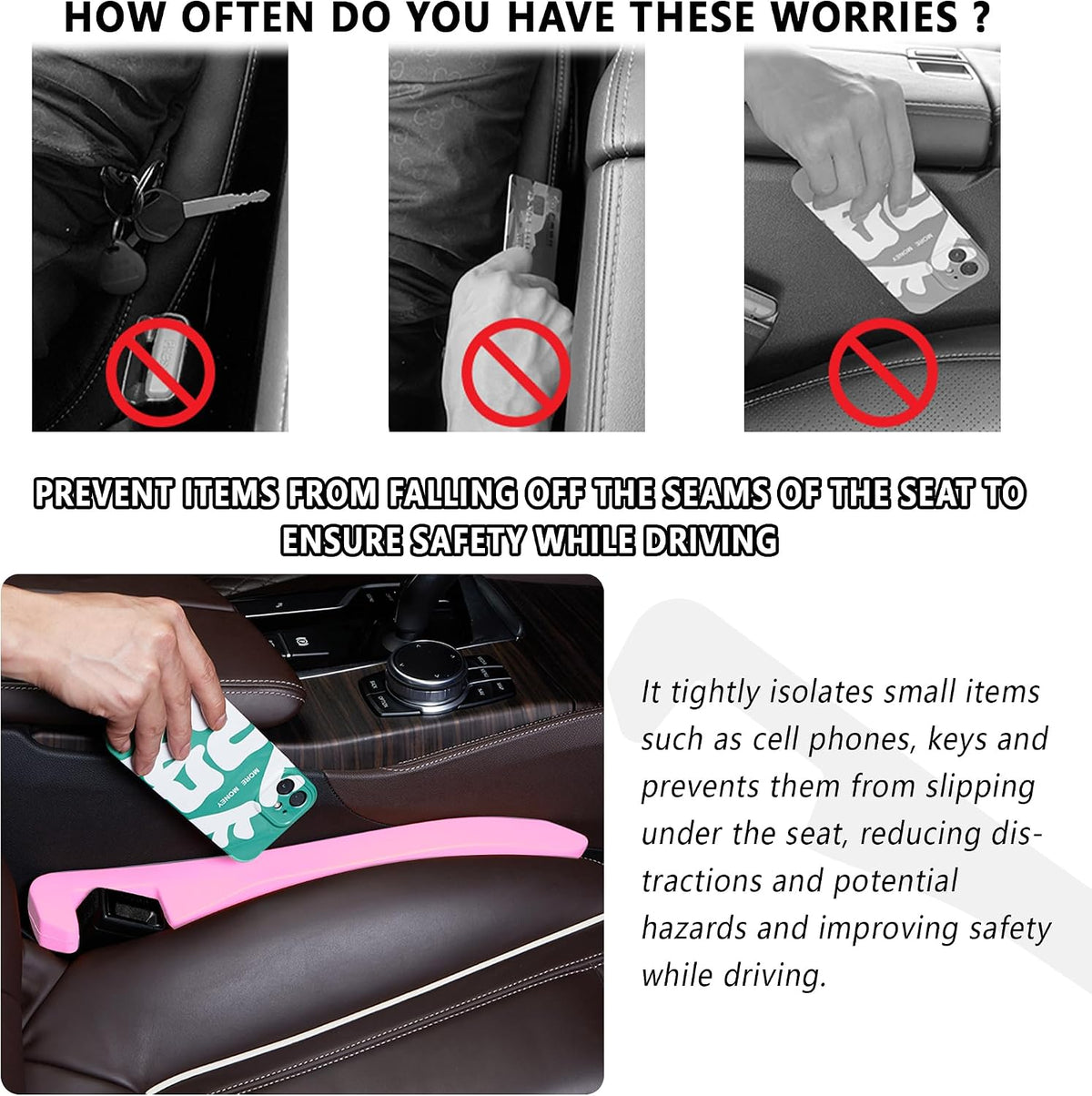 Car Seat Gap Filler 2 Pack,Car Gap Filler Organizer to Impede Items from Dropping,Essential Interior Car Accessories Seat Gap Plug (Pink)