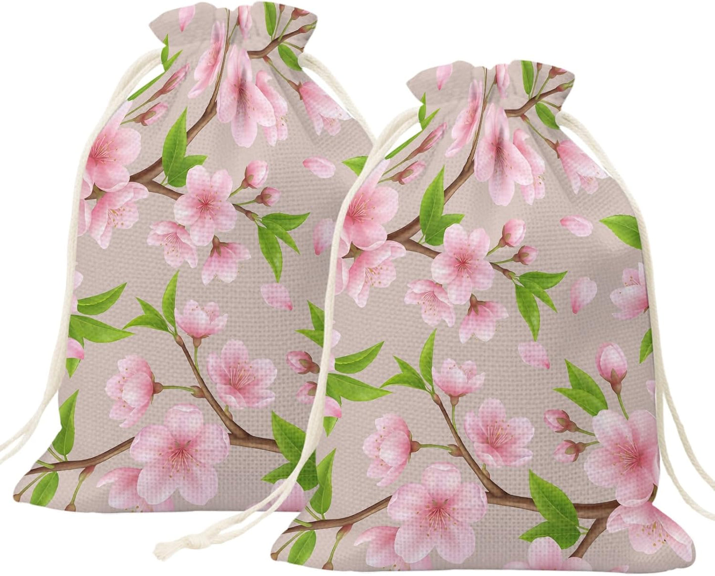 Victoroes Spring Peaches Drawstring Gift Bags 2 Pcs 11.8" x 15.7" Medium Peaches Flowers Begin Gift Bag Reusable Fabric Wrap Bags for Wedding Party Birthday Holiday