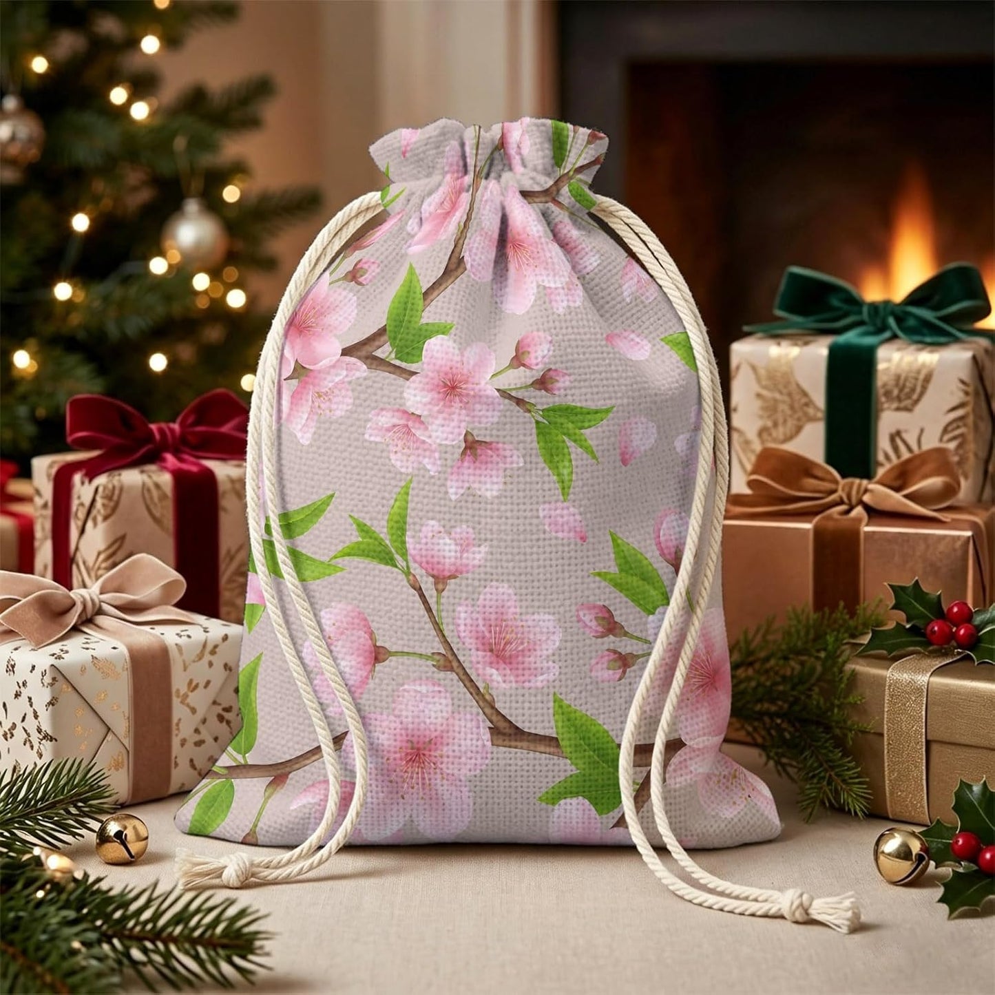 Victoroes Spring Peaches Drawstring Gift Bags 2 Pcs 11.8" x 15.7" Medium Peaches Flowers Begin Gift Bag Reusable Fabric Wrap Bags for Wedding Party Birthday Holiday