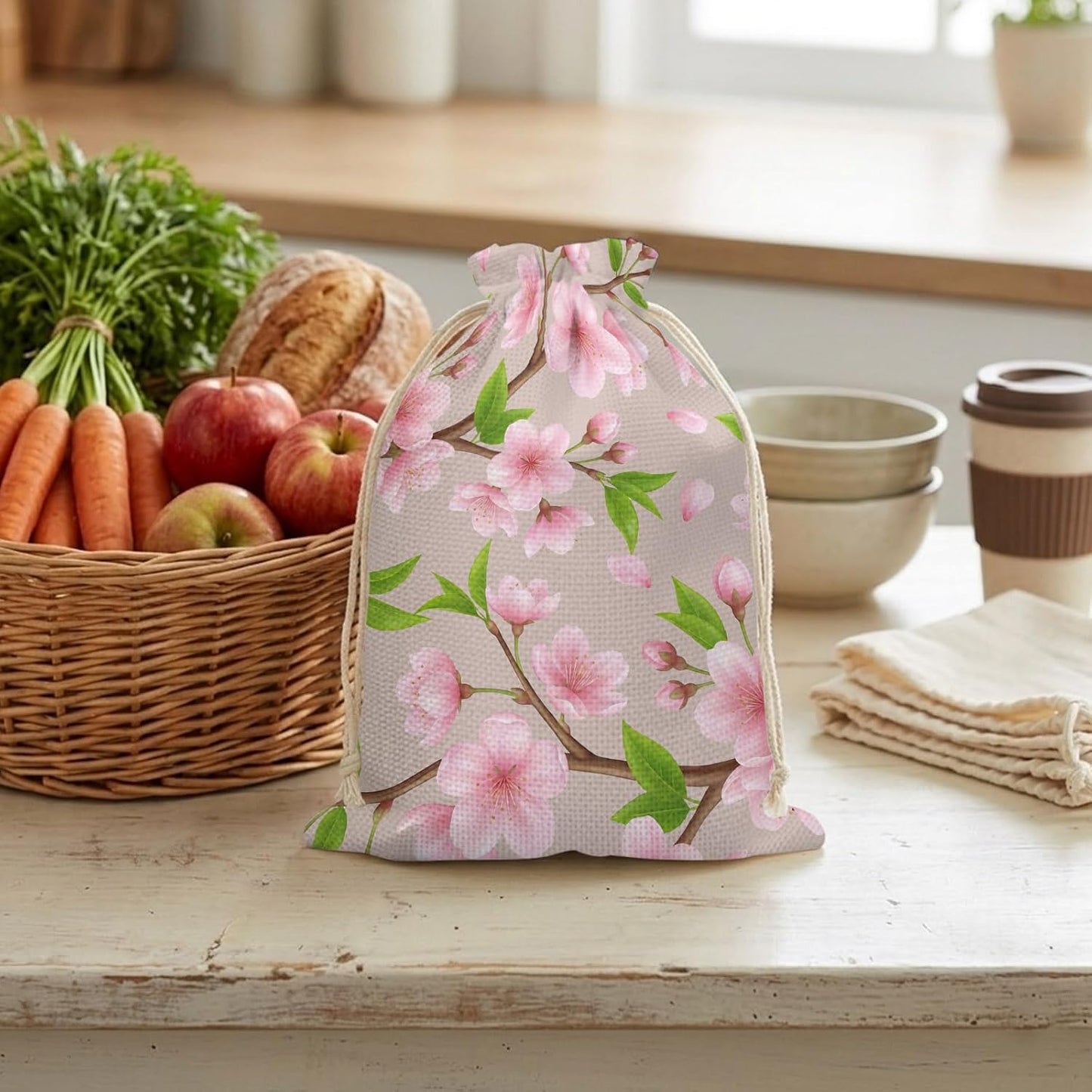 Victoroes Spring Peaches Drawstring Gift Bags 2 Pcs 11.8" x 15.7" Medium Peaches Flowers Begin Gift Bag Reusable Fabric Wrap Bags for Wedding Party Birthday Holiday