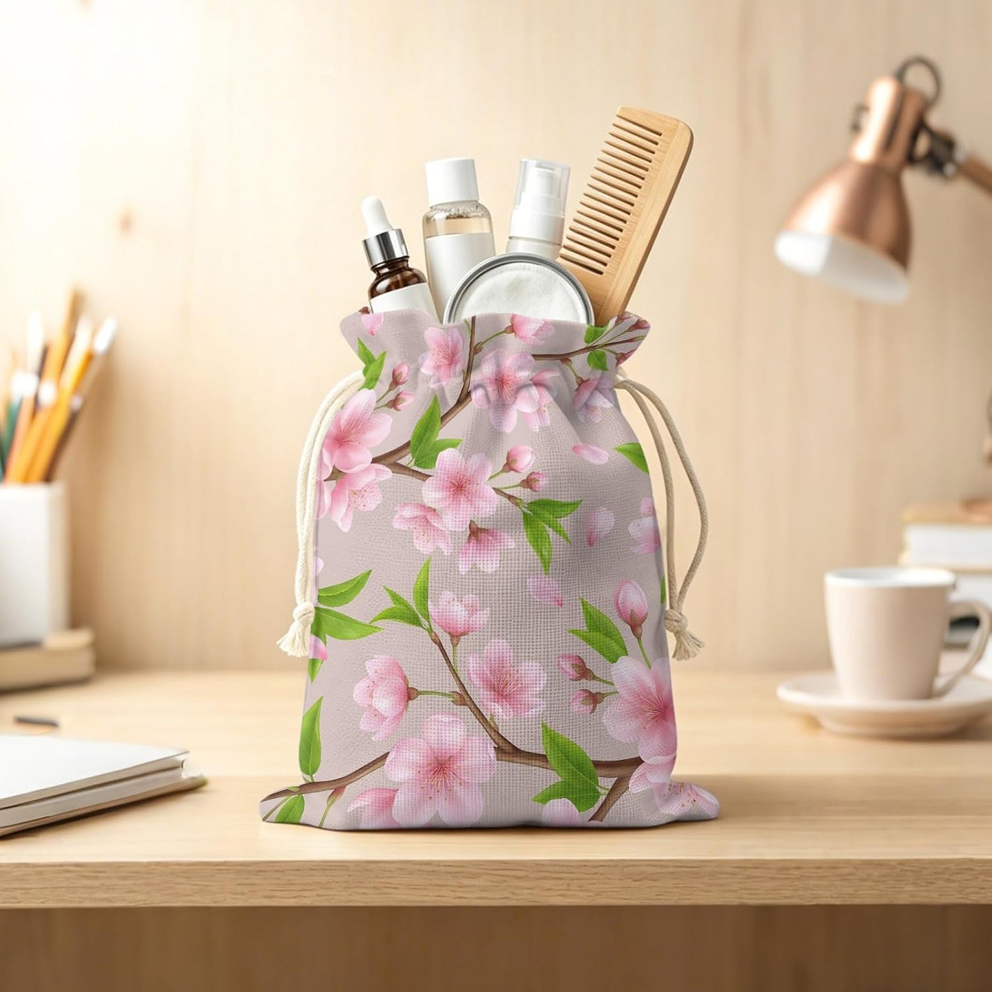 Victoroes Spring Peaches Drawstring Gift Bags 2 Pcs 11.8" x 15.7" Medium Peaches Flowers Begin Gift Bag Reusable Fabric Wrap Bags for Wedding Party Birthday Holiday