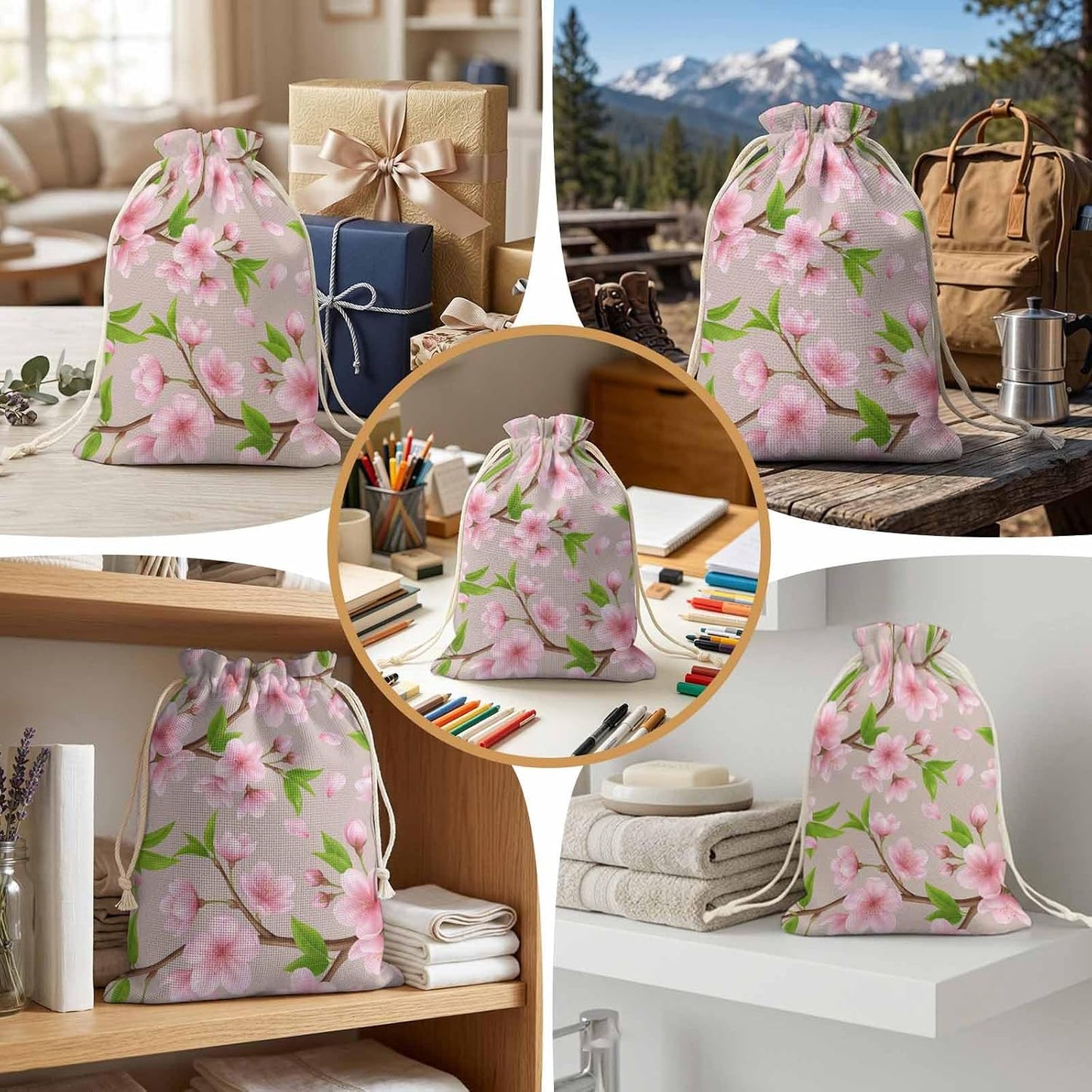 Victoroes Spring Peaches Drawstring Gift Bags 2 Pcs 11.8" x 15.7" Medium Peaches Flowers Begin Gift Bag Reusable Fabric Wrap Bags for Wedding Party Birthday Holiday
