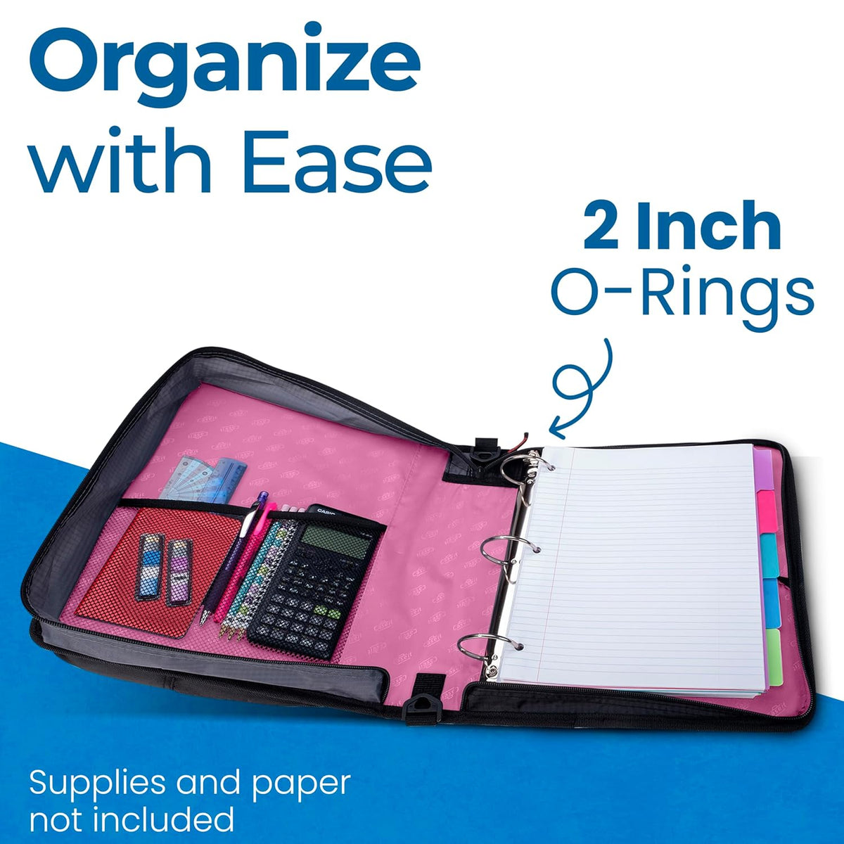 School Zipper Binder | 2" O-Rings | 400-Sheet | LT-007 Light Pink