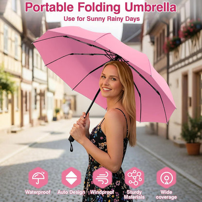 Travel Umbrella Compact - 10 Ribs Portable Collapsible Umbrellas for Rain Windproof - Paraguas Automatic Small Folding Umbrella Lightweight Packable Umbrella for Women Men