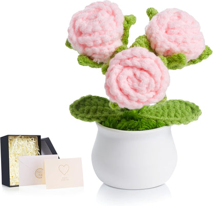 Crochet Flowers Pink Roses Mini Potted, Handmade Rose Gifts