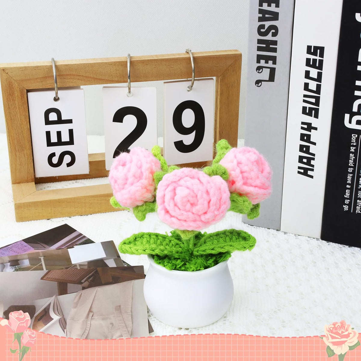 Crochet Flowers Pink Roses Mini Potted, Handmade Rose Gifts