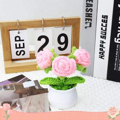 Crochet Flowers Pink Roses Mini Potted, Handmade Rose Gifts