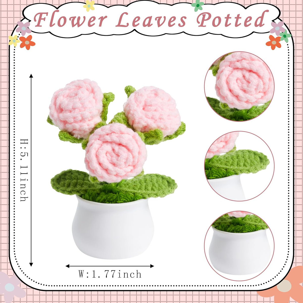 Crochet Flowers Pink Roses Mini Potted, Handmade Rose Gifts