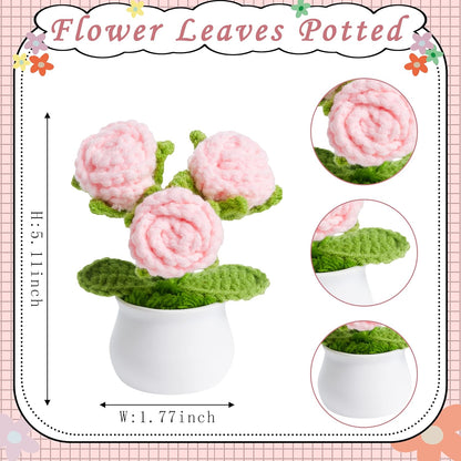 Crochet Flowers Pink Roses Mini Potted, Handmade Rose Gifts
