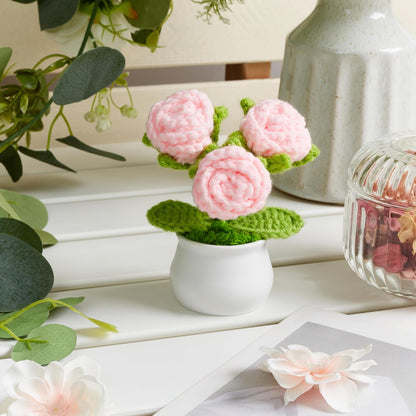 Crochet Flowers Pink Roses Mini Potted, Handmade Rose Gifts