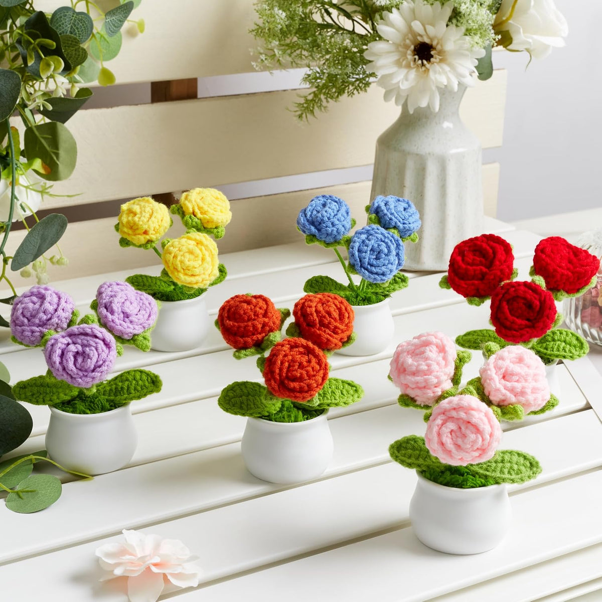 Crochet Flowers Pink Roses Mini Potted, Handmade Rose Gifts