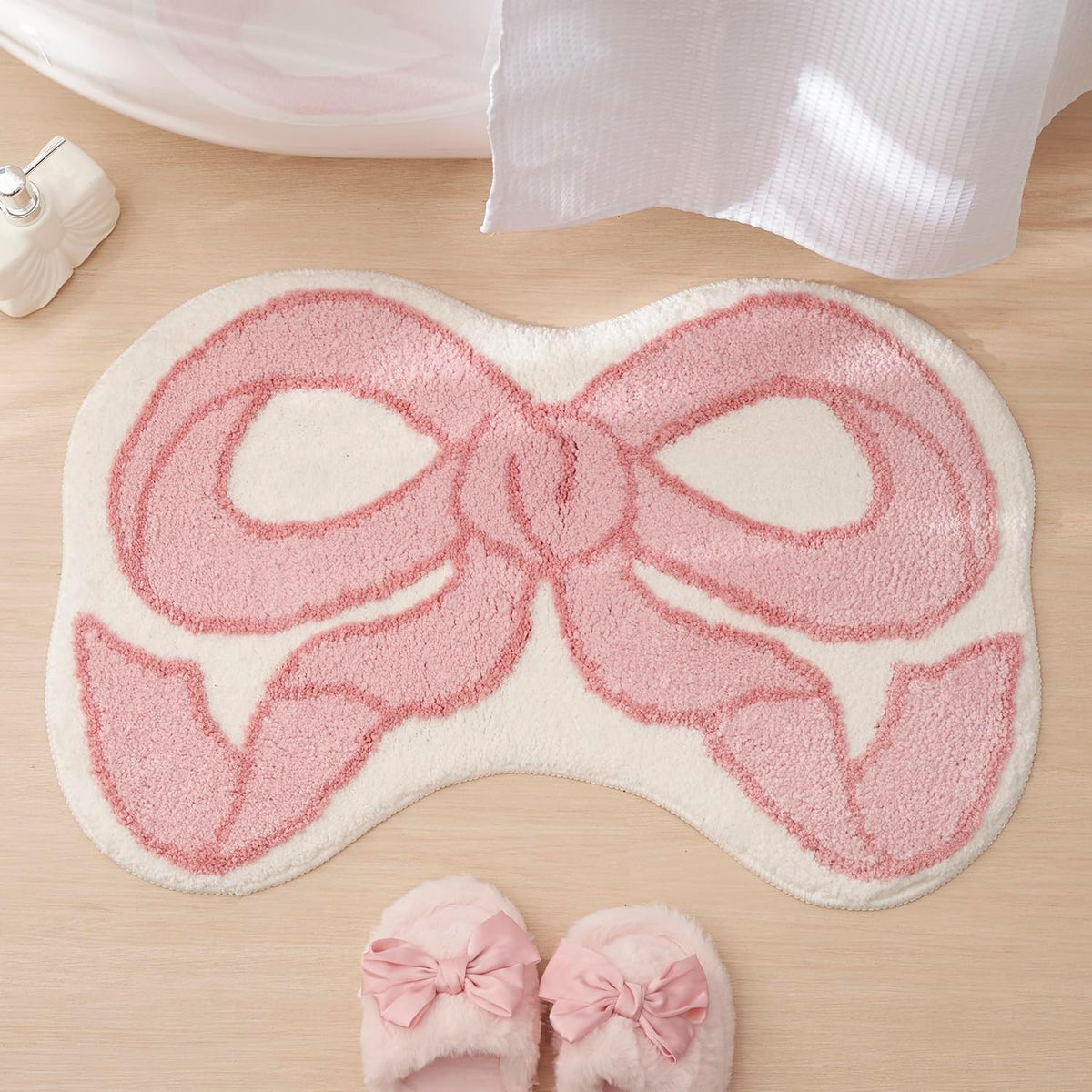 Pink Bow Shaped Bathroom Rugs, Small Cute Bath Mat Non Slip, Microfiber Aesthetic Trendy Funky Fun Preppy Girly Rug, Coquette Bow Decor for Girls Kids Bedroom, Nursery Room, Vanity, 18" x 27"