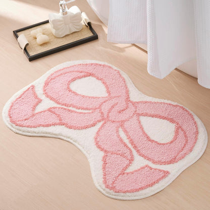 Pink Bow Shaped Bathroom Rugs, Small Cute Bath Mat Non Slip, Microfiber Aesthetic Trendy Funky Fun Preppy Girly Rug, Coquette Bow Decor for Girls Kids Bedroom, Nursery Room, Vanity, 18" x 27"