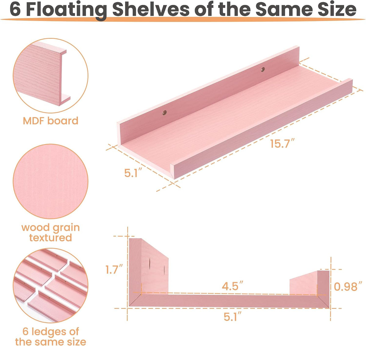 Floating Shelves for Wall Decor and Storage, Pink, 6Pcs 15.7''