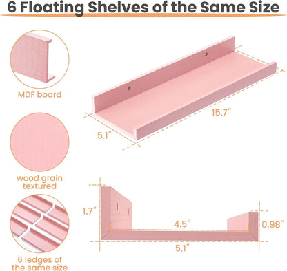 Floating Shelves for Wall Decor and Storage, Pink, 6Pcs 15.7''