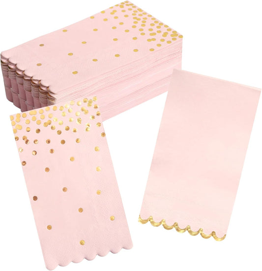 Pink Napkins Disposable - 50 Pack - Pink and Gold Paper Dinner Napkins with Scalloped Edges Paper Towel Guest Napkins for Birthday Party, Wedding