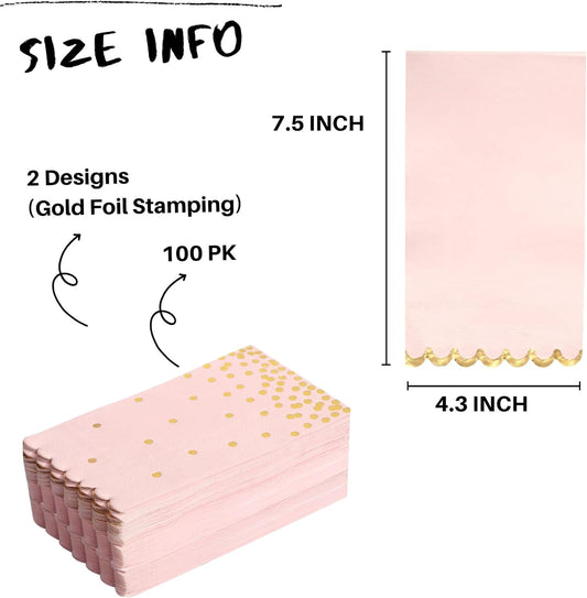 Pink Napkins Disposable - 50 Pack - Pink and Gold Paper Dinner Napkins with Scalloped Edges Paper Towel Guest Napkins for Birthday Party, Wedding