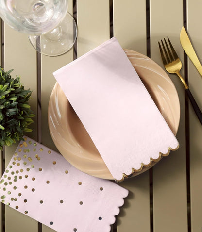 Pink Napkins Disposable - 50 Pack - Pink and Gold Paper Dinner Napkins with Scalloped Edges Paper Towel Guest Napkins for Birthday Party, Wedding