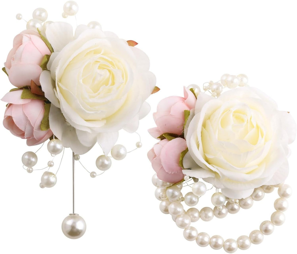 Wrist Corsage and Boutonniere Set for Groom Groomsmen Men Suit Bride Bridesmaid Artificial Flower Wrist Corsage for Wedding Prom Homecoming Party Ivory and Pink