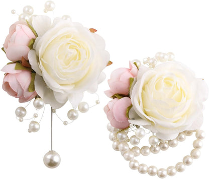 Wrist Corsage and Boutonniere Set for Groom Groomsmen Men Suit Bride Bridesmaid Artificial Flower Wrist Corsage for Wedding Prom Homecoming Party Ivory and Pink