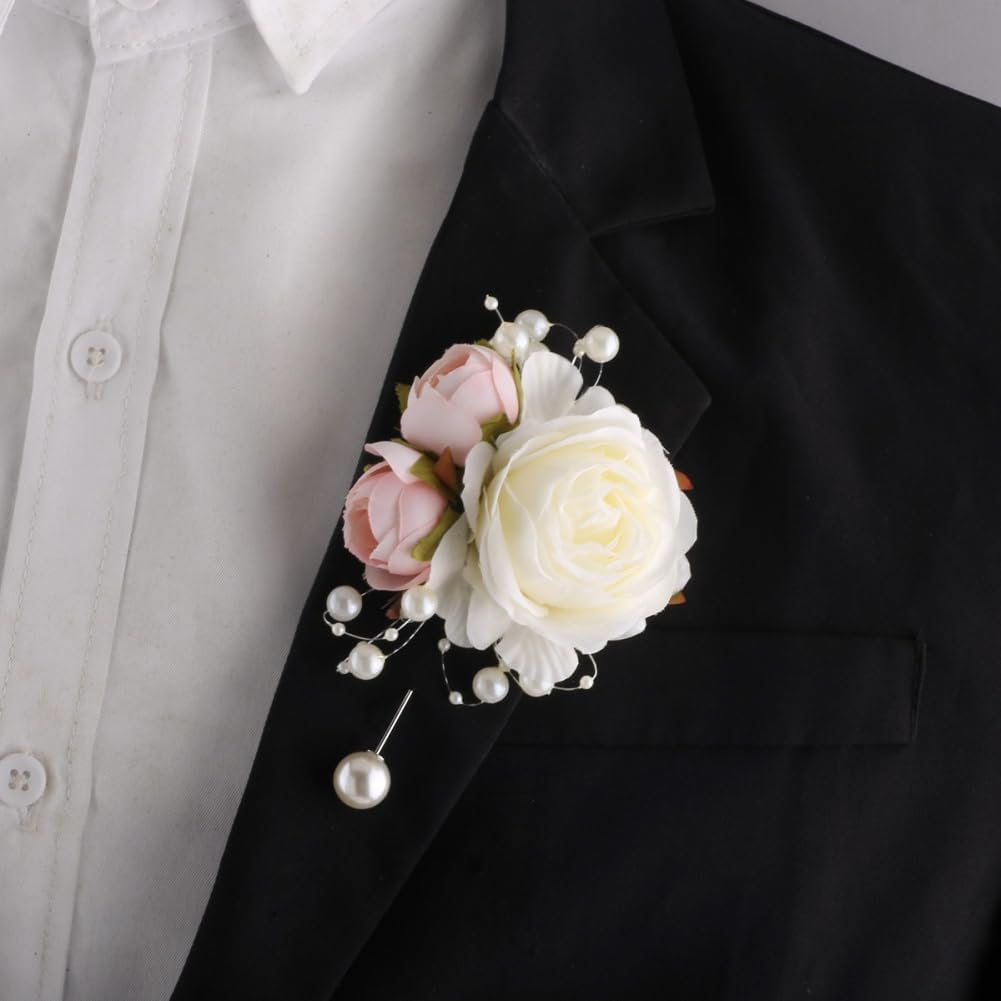 Wrist Corsage and Boutonniere Set for Groom Groomsmen Men Suit Bride Bridesmaid Artificial Flower Wrist Corsage for Wedding Prom Homecoming Party Ivory and Pink