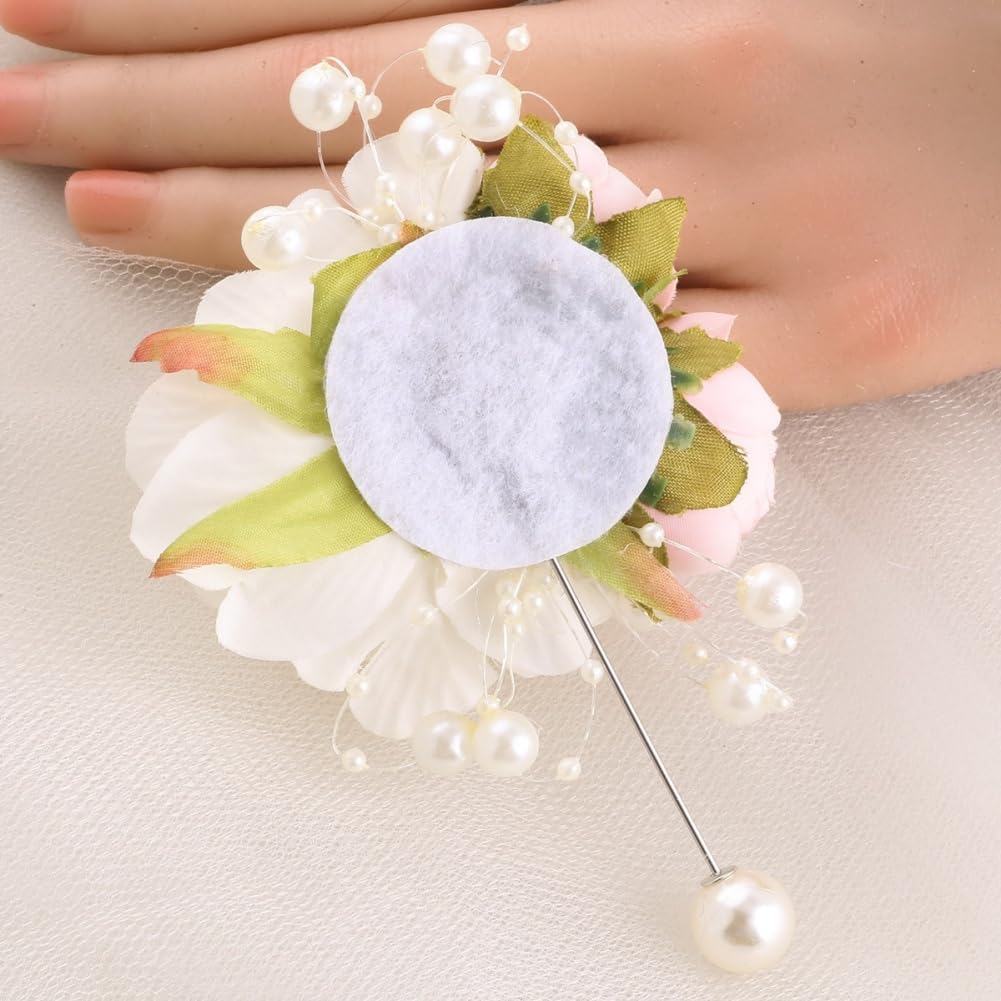 Wrist Corsage and Boutonniere Set for Groom Groomsmen Men Suit Bride Bridesmaid Artificial Flower Wrist Corsage for Wedding Prom Homecoming Party Ivory and Pink