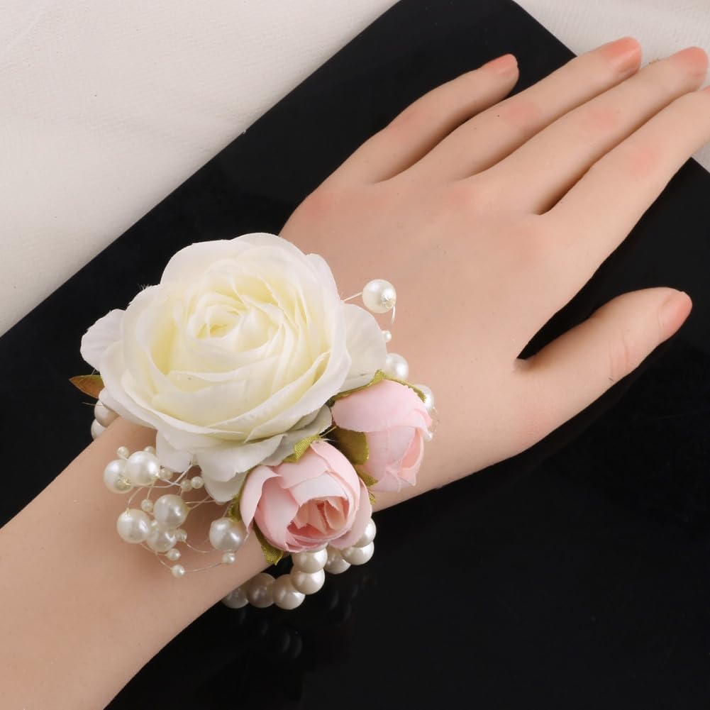 Wrist Corsage and Boutonniere Set for Groom Groomsmen Men Suit Bride Bridesmaid Artificial Flower Wrist Corsage for Wedding Prom Homecoming Party Ivory and Pink