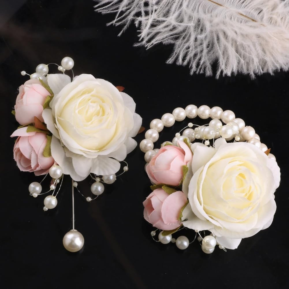 Wrist Corsage and Boutonniere Set for Groom Groomsmen Men Suit Bride Bridesmaid Artificial Flower Wrist Corsage for Wedding Prom Homecoming Party Ivory and Pink