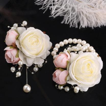 Wrist Corsage and Boutonniere Set for Groom Groomsmen Men Suit Bride Bridesmaid Artificial Flower Wrist Corsage for Wedding Prom Homecoming Party Ivory and Pink