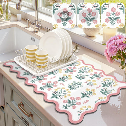 Scalloped Floral Dish Drying Mat, 12"x20" Coffee Mat Pink Pastoral