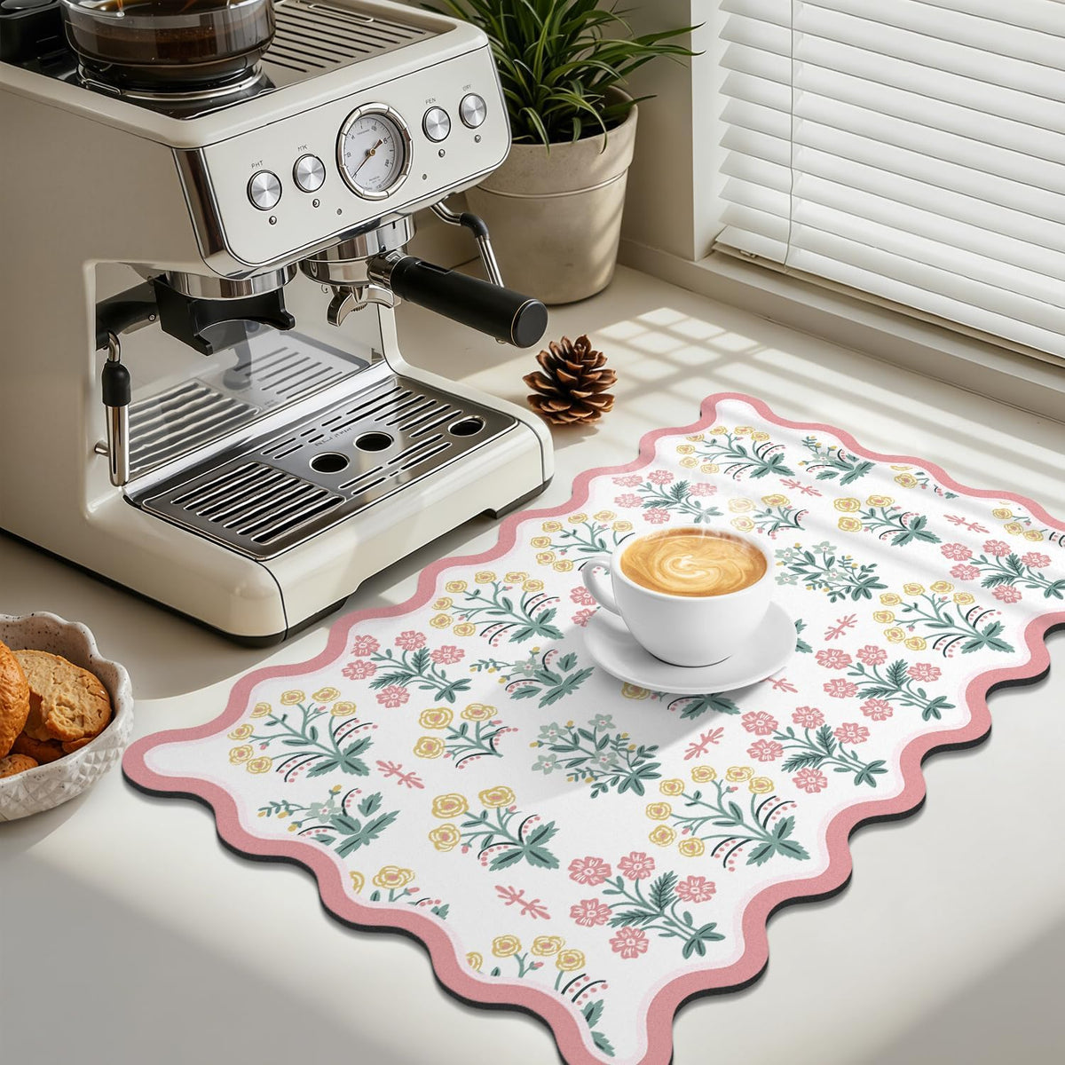 Scalloped Floral Dish Drying Mat, 12"x20" Coffee Mat Pink Pastoral