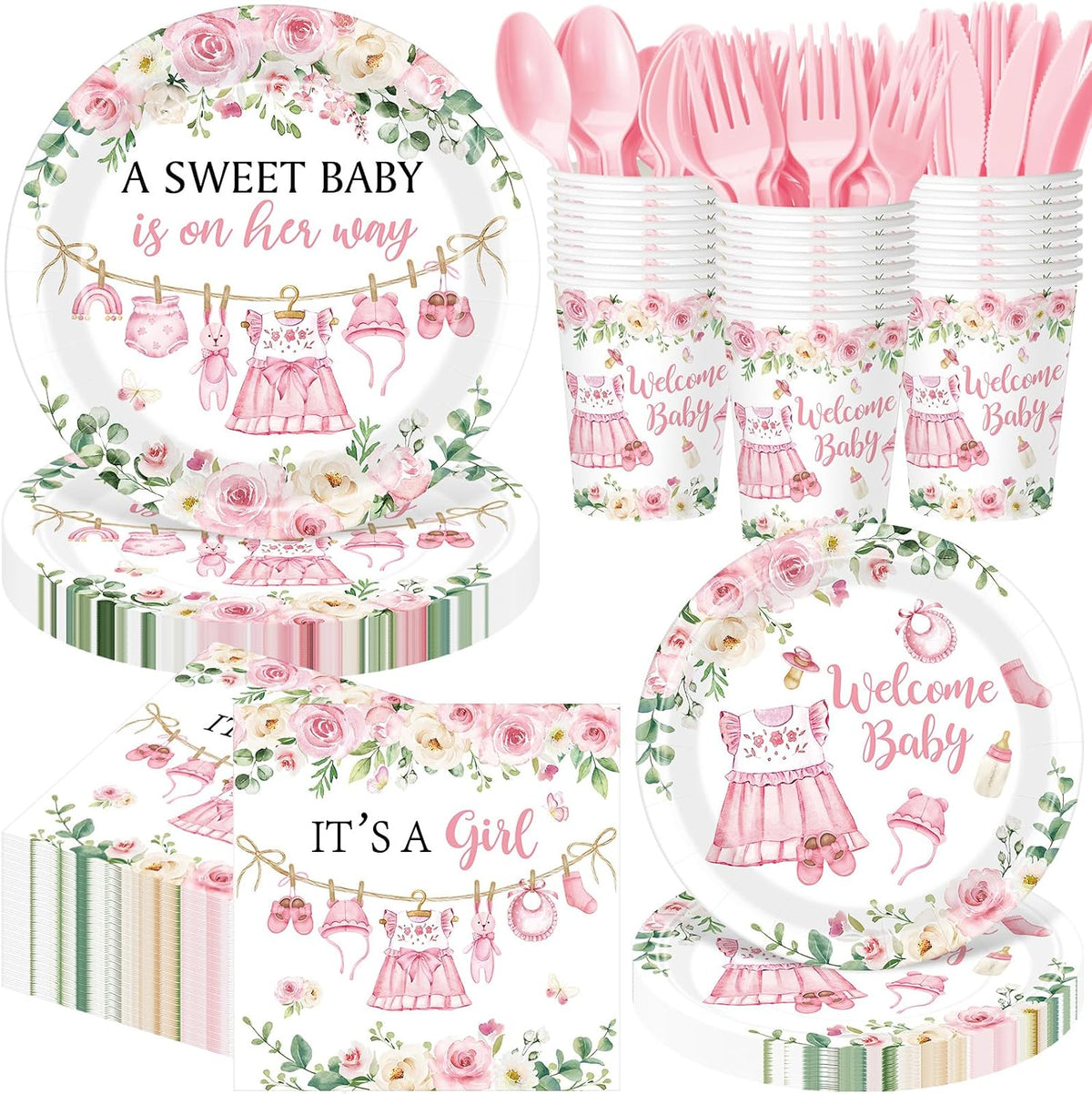 400 Pcs Floral Baby Shower Party Decoration Paper Plates Serve 50