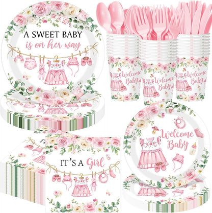 400 Pcs Floral Baby Shower Party Decoration Paper Plates Serve 50