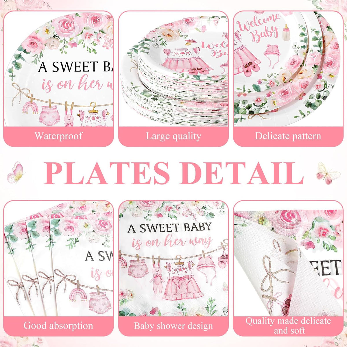400 Pcs Floral Baby Shower Party Decoration Paper Plates Serve 50