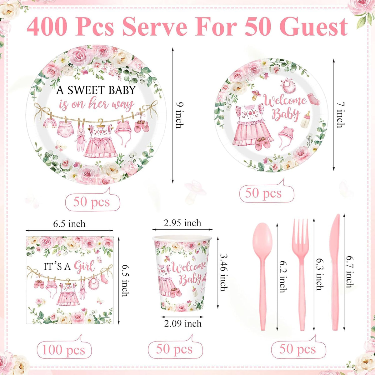 400 Pcs Floral Baby Shower Party Decoration Paper Plates Serve 50