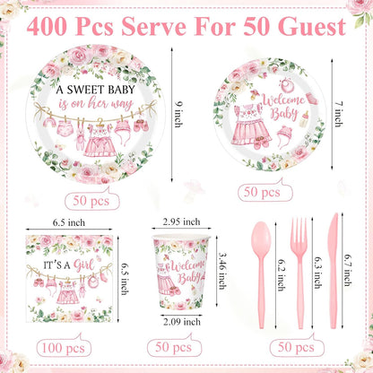 400 Pcs Floral Baby Shower Party Decoration Paper Plates Serve 50
