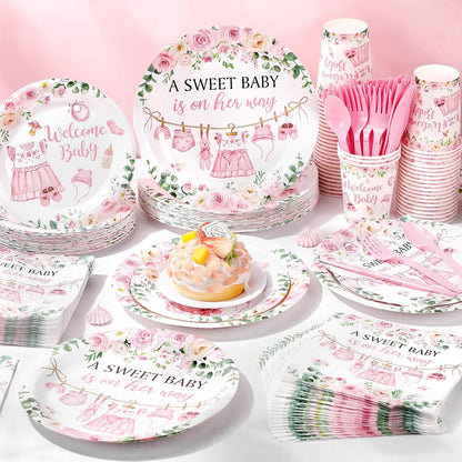 400 Pcs Floral Baby Shower Party Decoration Paper Plates Serve 50