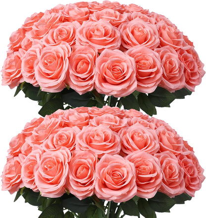 50Pcs Coral Peach Roses Artificial Flowers Fake Rose Faux Roses Silk Roses with Stems for DIY Wedding Bouquets Home Party Tables Centerpieces Floral Arrangements Decoration