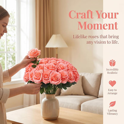 50Pcs Coral Peach Roses Artificial Flowers Fake Rose Faux Roses Silk Roses with Stems for DIY Wedding Bouquets Home Party Tables Centerpieces Floral Arrangements Decoration