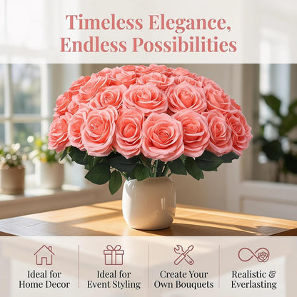 50Pcs Coral Peach Roses Artificial Flowers Fake Rose Faux Roses Silk Roses with Stems for DIY Wedding Bouquets Home Party Tables Centerpieces Floral Arrangements Decoration