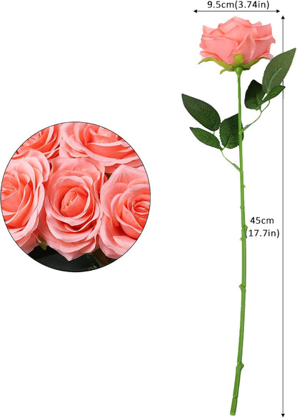 50Pcs Coral Peach Roses Artificial Flowers Fake Rose Faux Roses Silk Roses with Stems for DIY Wedding Bouquets Home Party Tables Centerpieces Floral Arrangements Decoration