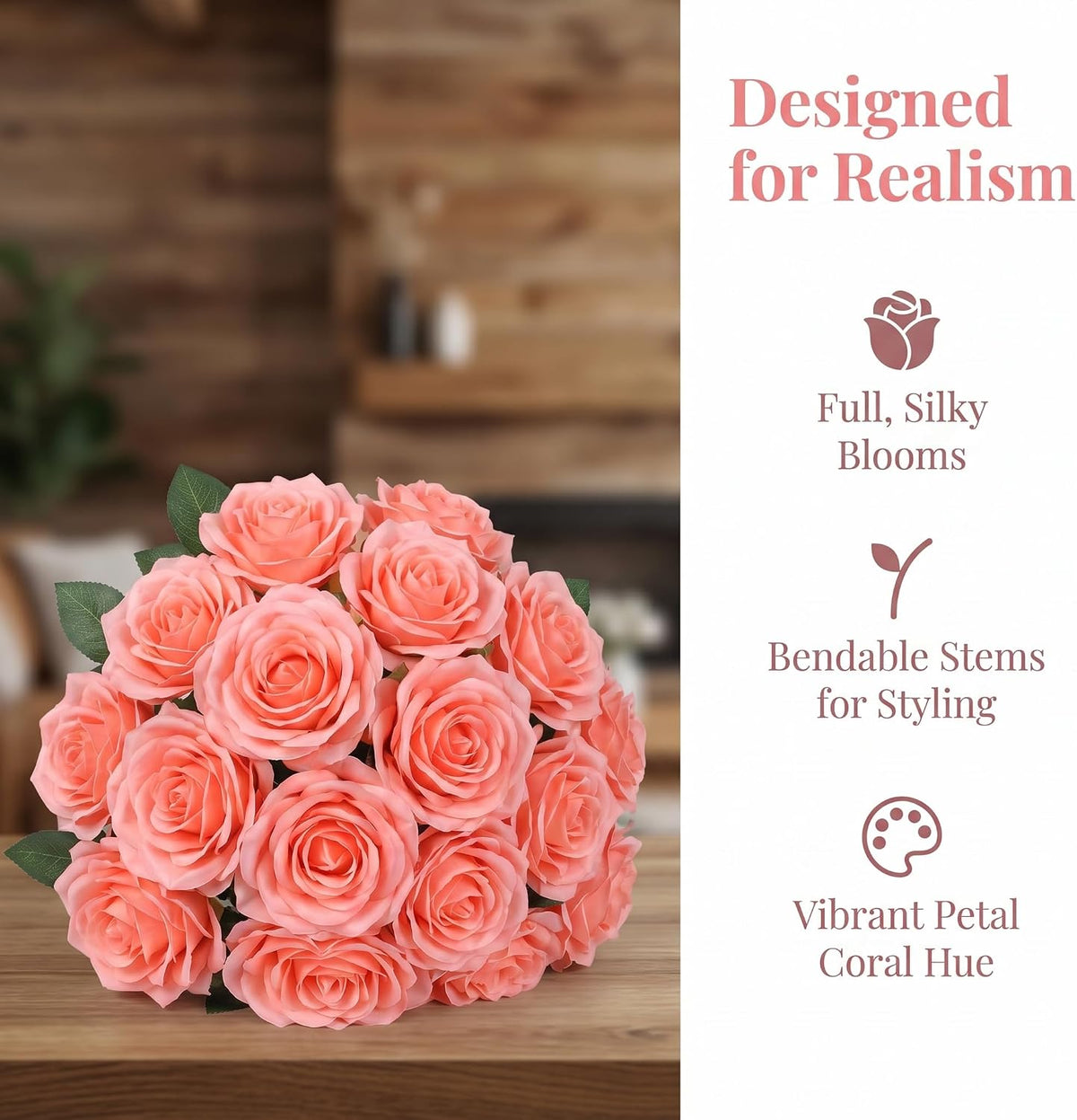 50Pcs Coral Peach Roses Artificial Flowers Fake Rose Faux Roses Silk Roses with Stems for DIY Wedding Bouquets Home Party Tables Centerpieces Floral Arrangements Decoration