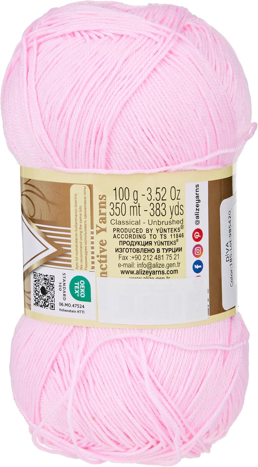 Diva Silk Effect 100% Microfiber Acrylic Yarn 1 Ball skeins 100gr 383yds Color (185 - Baby Pink)