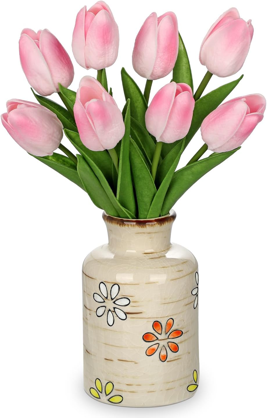 10.6IN Real Touch Artificial Tulips in Ceramic Vase, Faux Tulips Flower Arrangement for Home Office Wedding Party Table Centerpiece Spring Easter Mother's Day Decor, Peach Pink