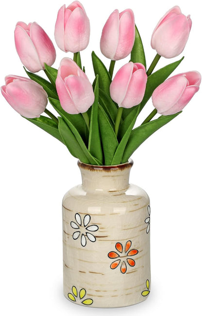 10.6IN Real Touch Artificial Tulips in Ceramic Vase, Faux Tulips Flower Arrangement for Home Office Wedding Party Table Centerpiece Spring Easter Mother's Day Decor, Peach Pink