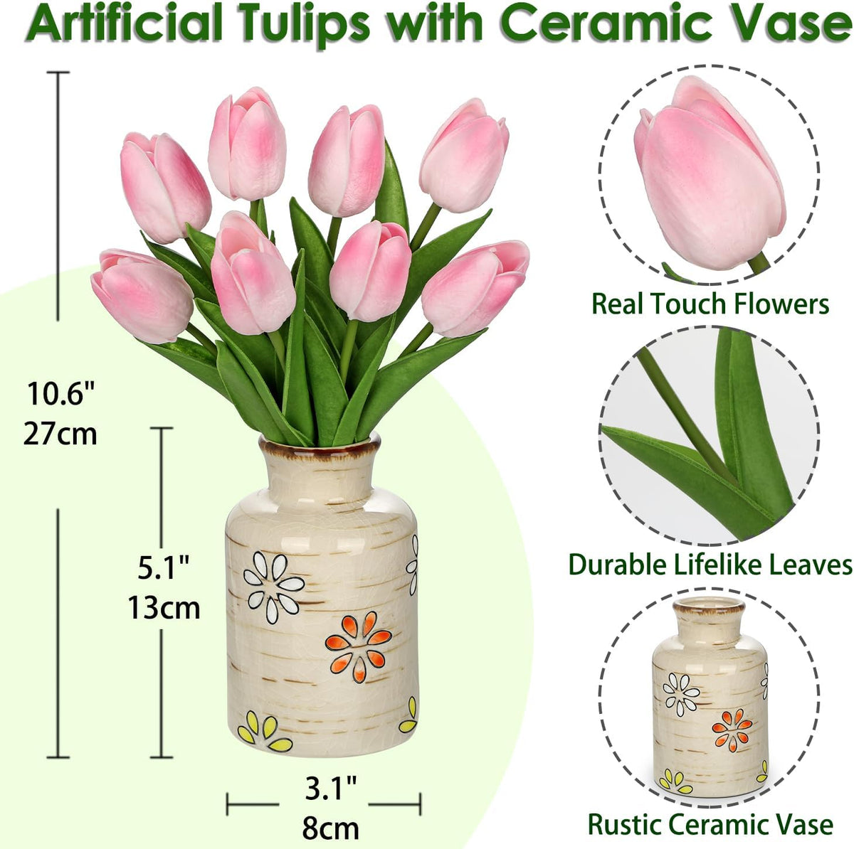 10.6IN Real Touch Artificial Tulips in Ceramic Vase, Faux Tulips Flower Arrangement for Home Office Wedding Party Table Centerpiece Spring Easter Mother's Day Decor, Peach Pink