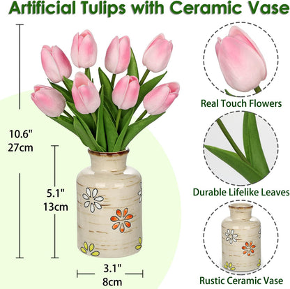 10.6IN Real Touch Artificial Tulips in Ceramic Vase, Faux Tulips Flower Arrangement for Home Office Wedding Party Table Centerpiece Spring Easter Mother's Day Decor, Peach Pink